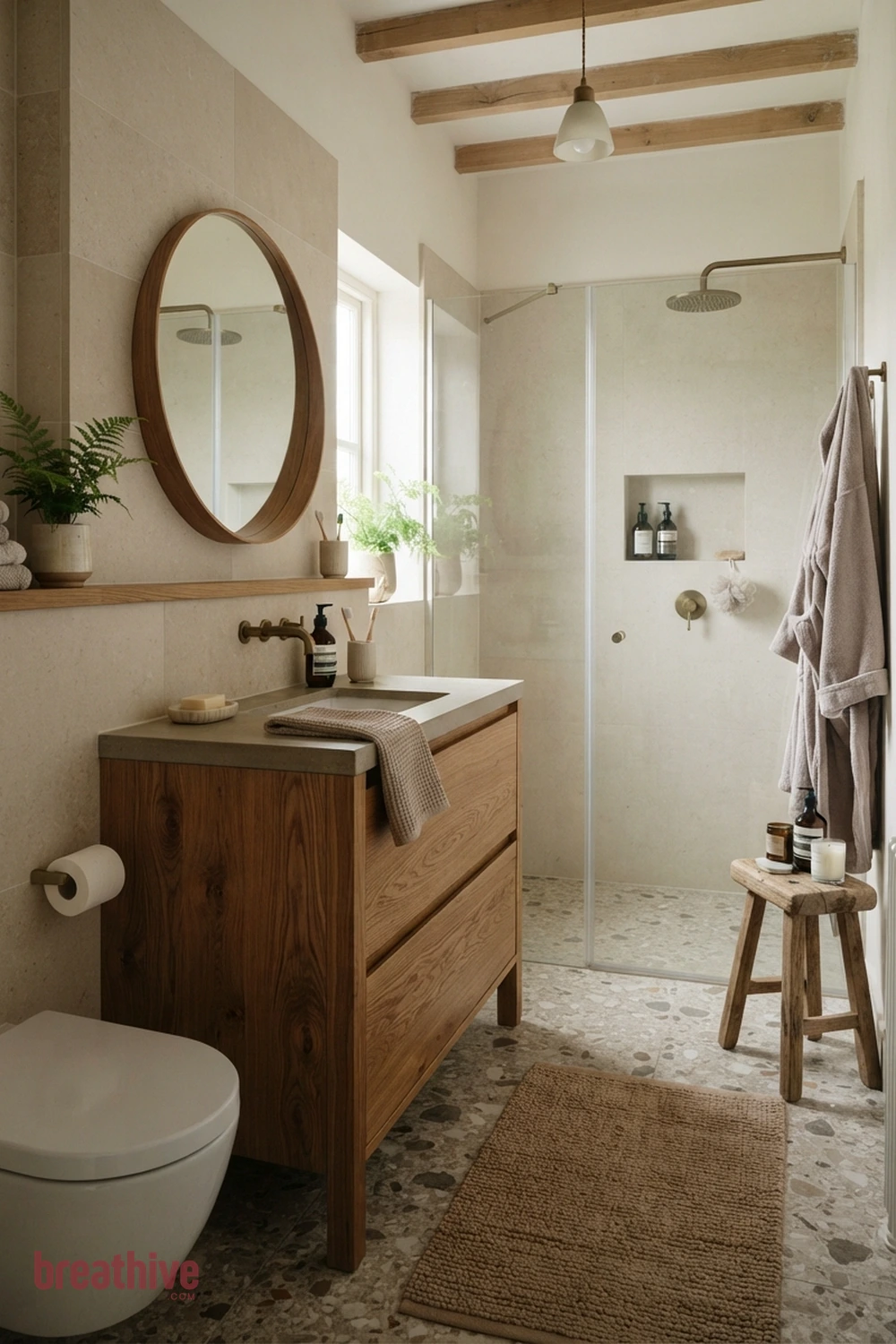 Bring Wood Texture Through Moisture-Suitable Finishes in a thoughtful bathroom