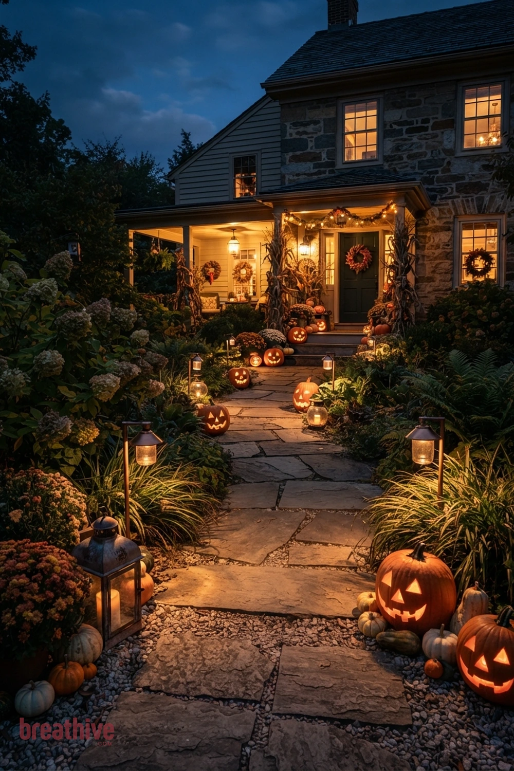 path lighting Halloween garden pathway idea with foreground, middle-ground, and background seasonal elements creating depth without clutter