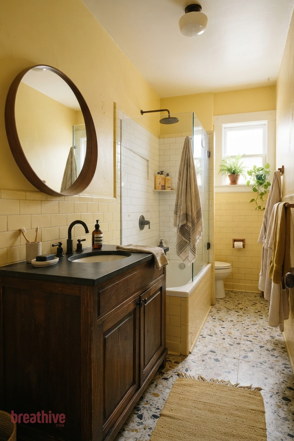 Create Contrast With a Dark Vanity in a yellow bathroom