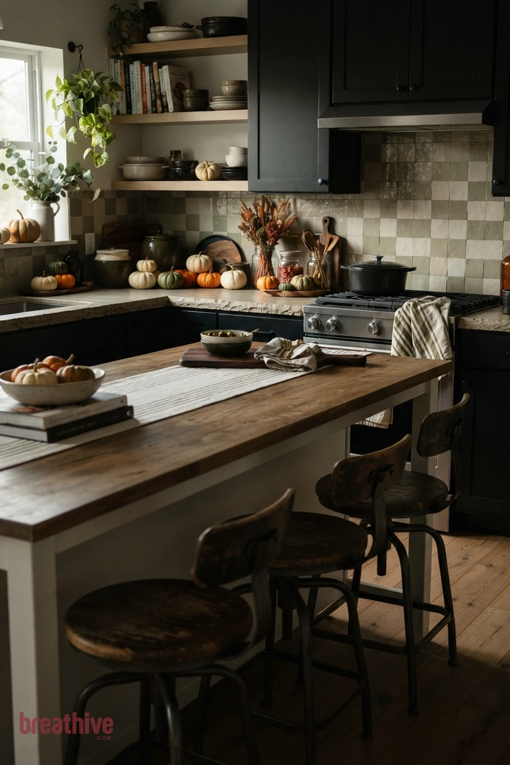 counter styling Halloween kitchen counter idea with second angle revealing circulation, seating clearance, and how decorative color repeats