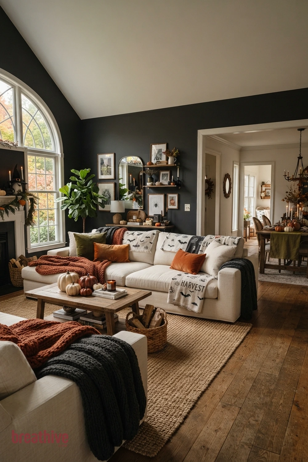 sofa-focused Halloween living room idea with second room angle revealing circulation, scale, and how seasonal accents repeat through the space