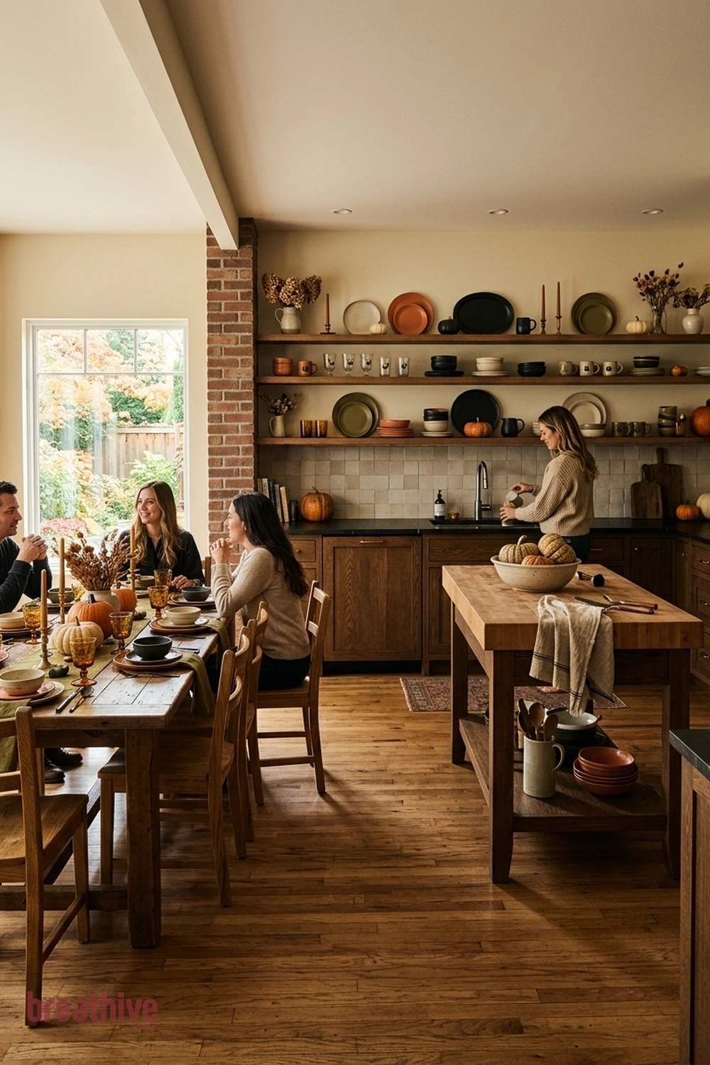 dishware display Halloween kitchen and dining room idea with second angle revealing circulation, seating clearance, and how decorative color repeats