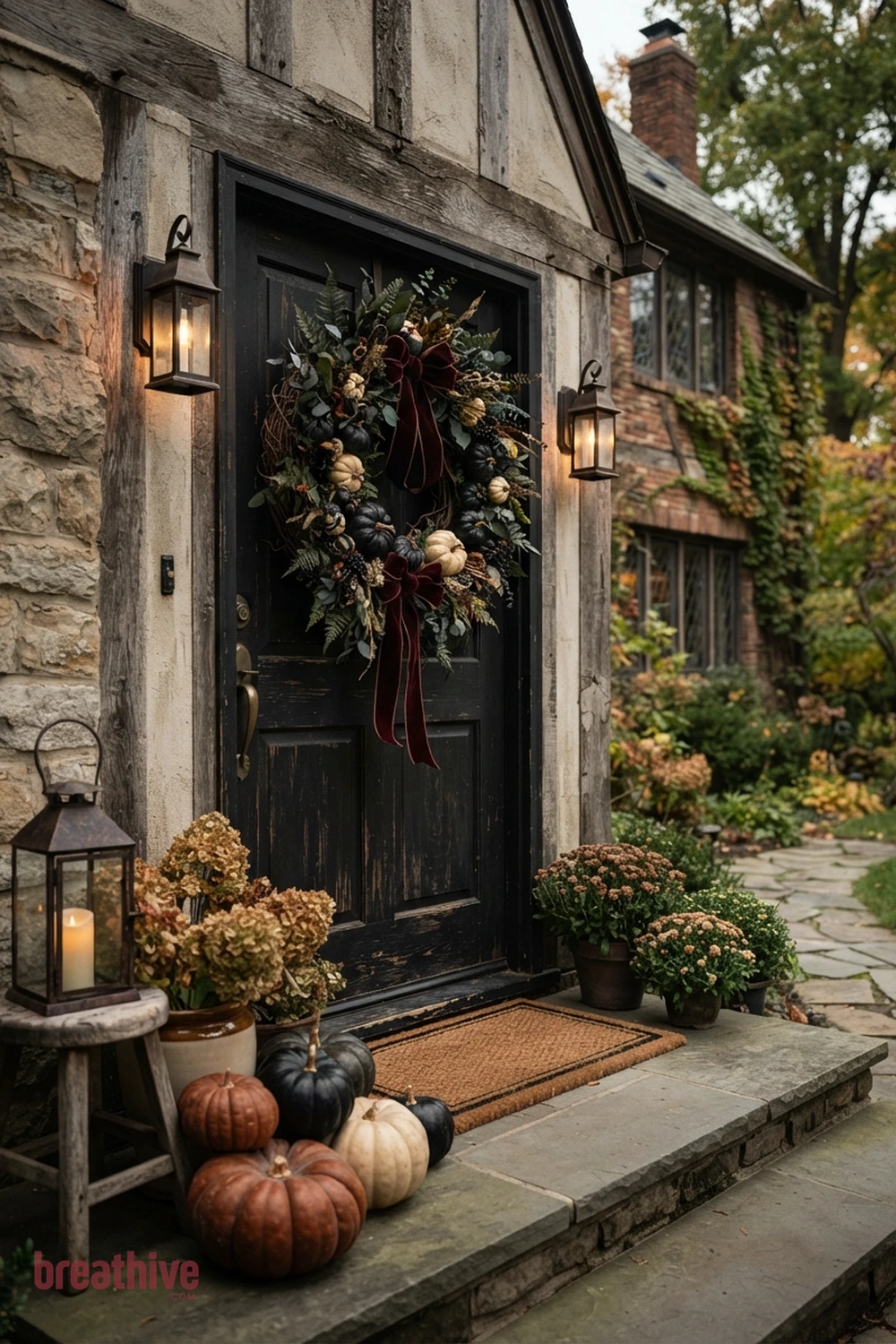 wreath-focused Halloween front door exterior idea with foreground, middle-ground, and background seasonal elements creating depth without clutter