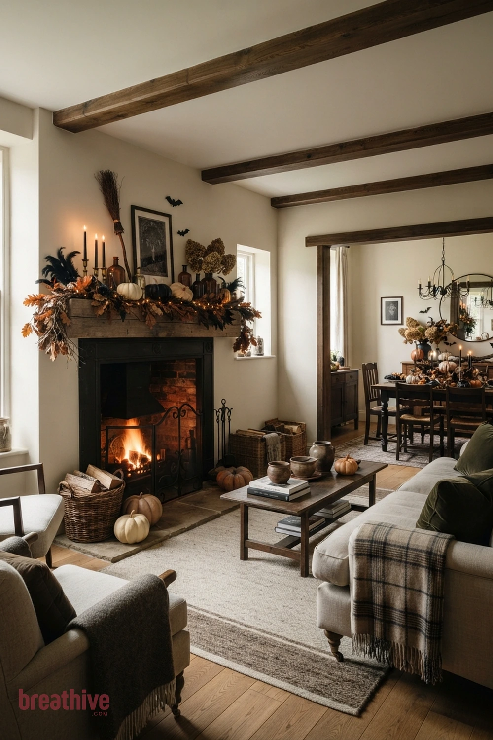 mantel-focused Halloween living room fireplace idea with second room angle revealing circulation, scale, and how seasonal accents repeat through the space