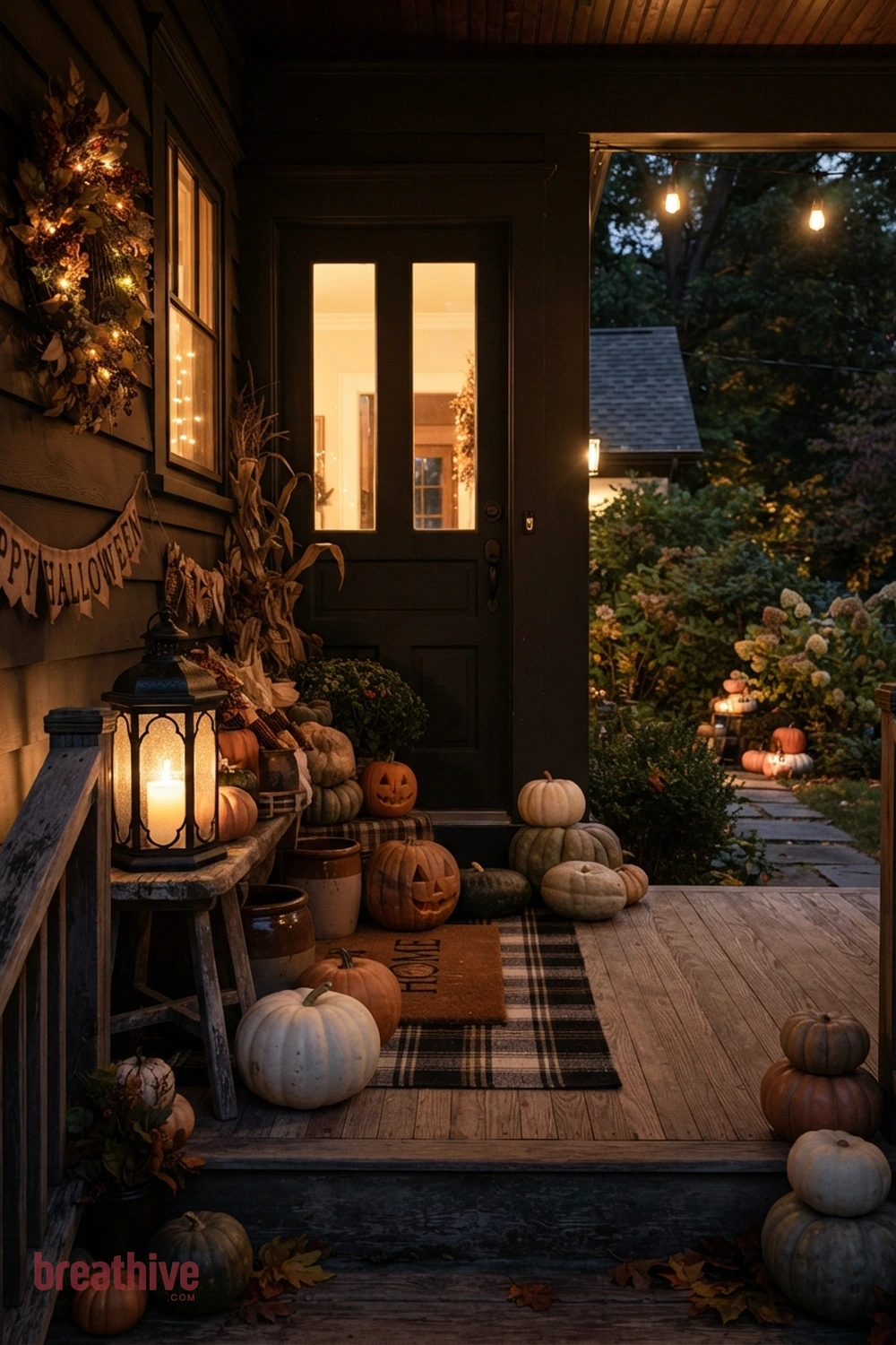 lighting-focused Halloween front porch idea with one side of the doorway styled with grouped objects in varied height and scale