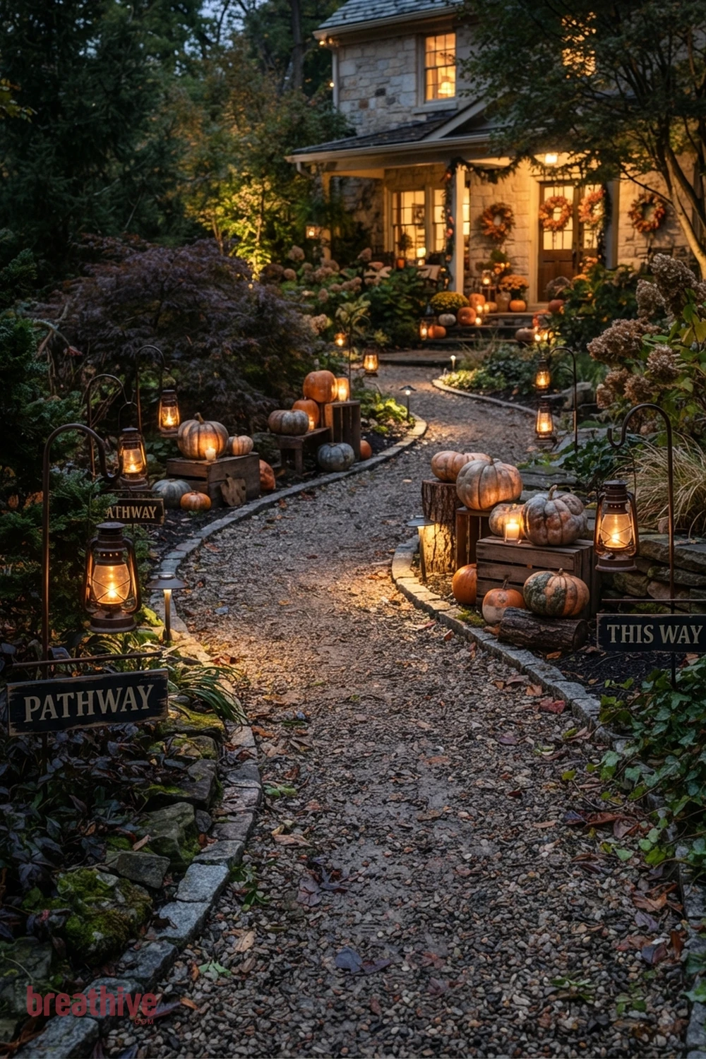 wayfinding Halloween garden pathway idea with foreground, middle-ground, and background seasonal elements creating depth without clutter