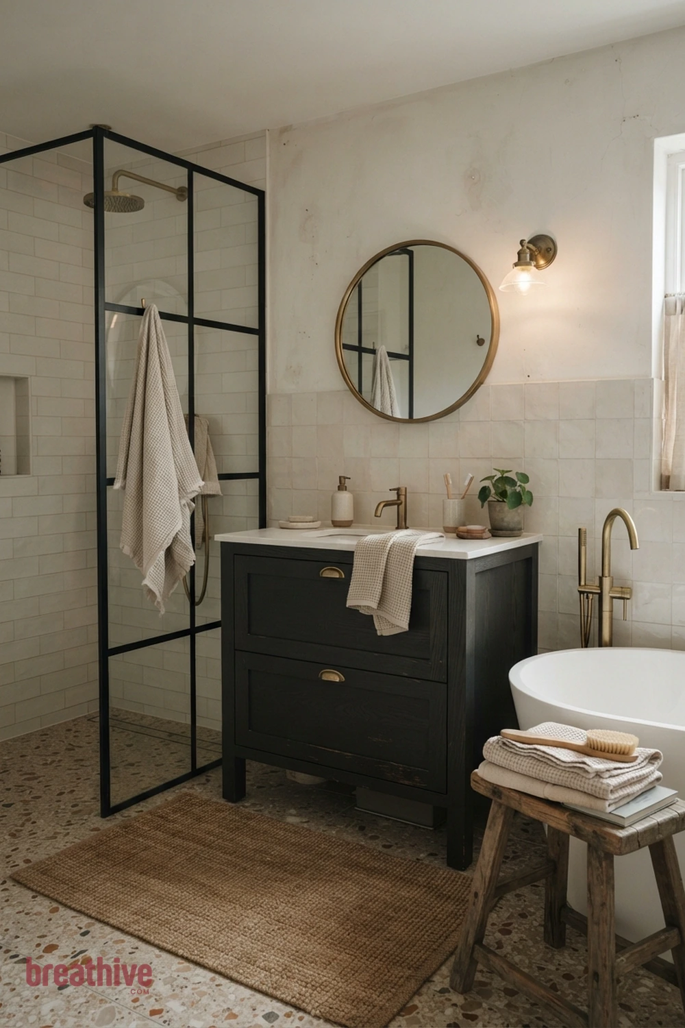 Create Contrast With a Dark Vanity in a thoughtful bathroom