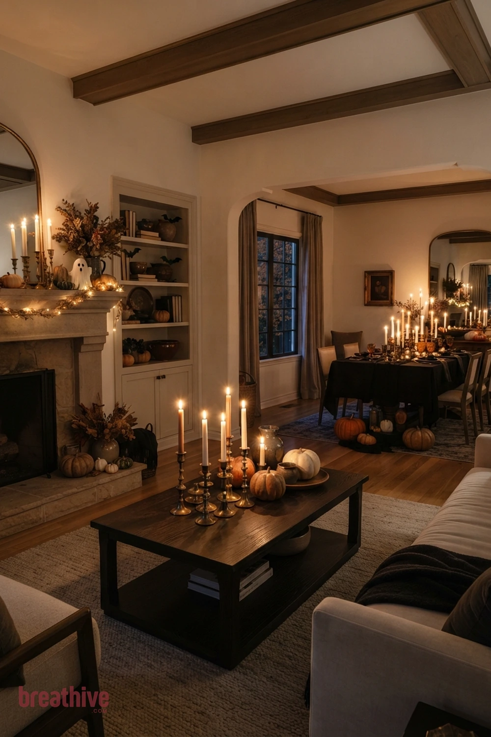 candlelit Halloween living room idea with second room angle revealing circulation, scale, and how seasonal accents repeat through the space