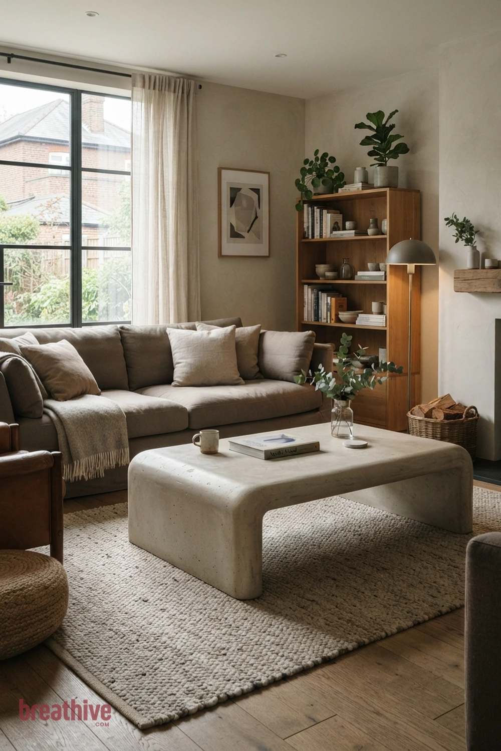 Concrete Table With Soft Edges in a thoughtful living room