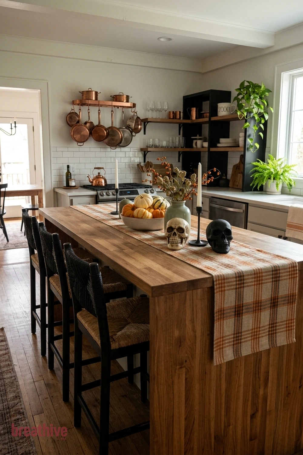 textile accent Halloween kitchen idea with second angle revealing circulation, seating clearance, and how decorative color repeats