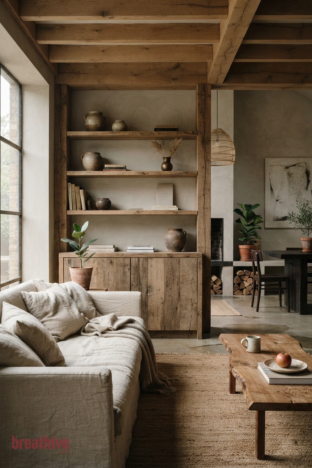 Use Warm Wood to Soften Modern Lines in a wabi-sabi living room