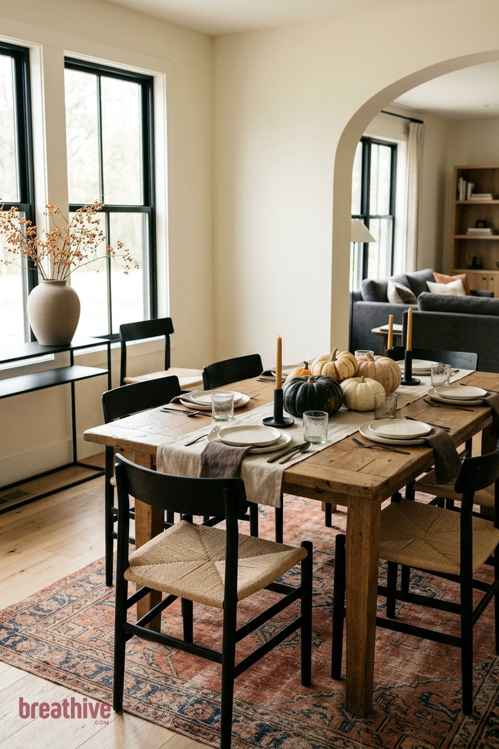minimalist dining Halloween dining room idea with second angle revealing circulation, seating clearance, and how decorative color repeats