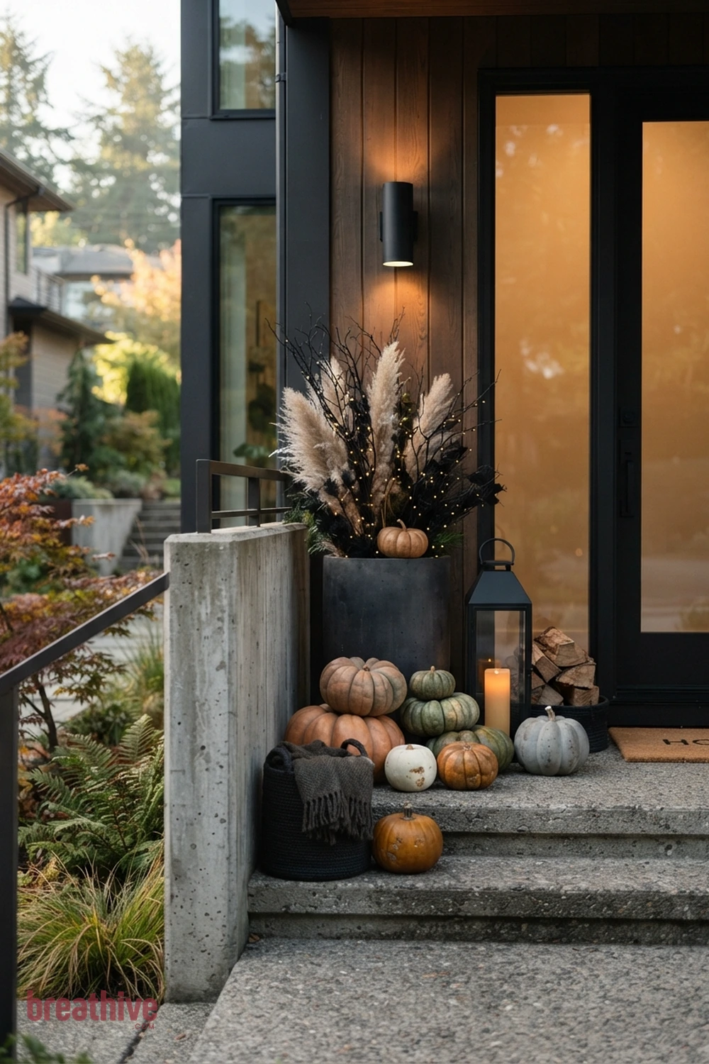 modern Halloween front porch idea with one side of the doorway styled with grouped objects in varied height and scale
