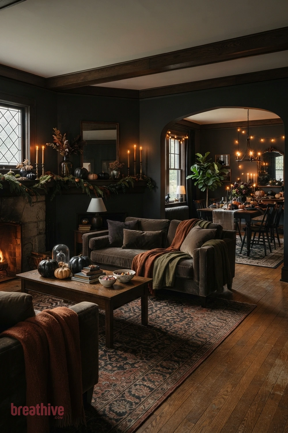 moody Halloween living room idea with second room angle revealing circulation, scale, and how seasonal accents repeat through the space