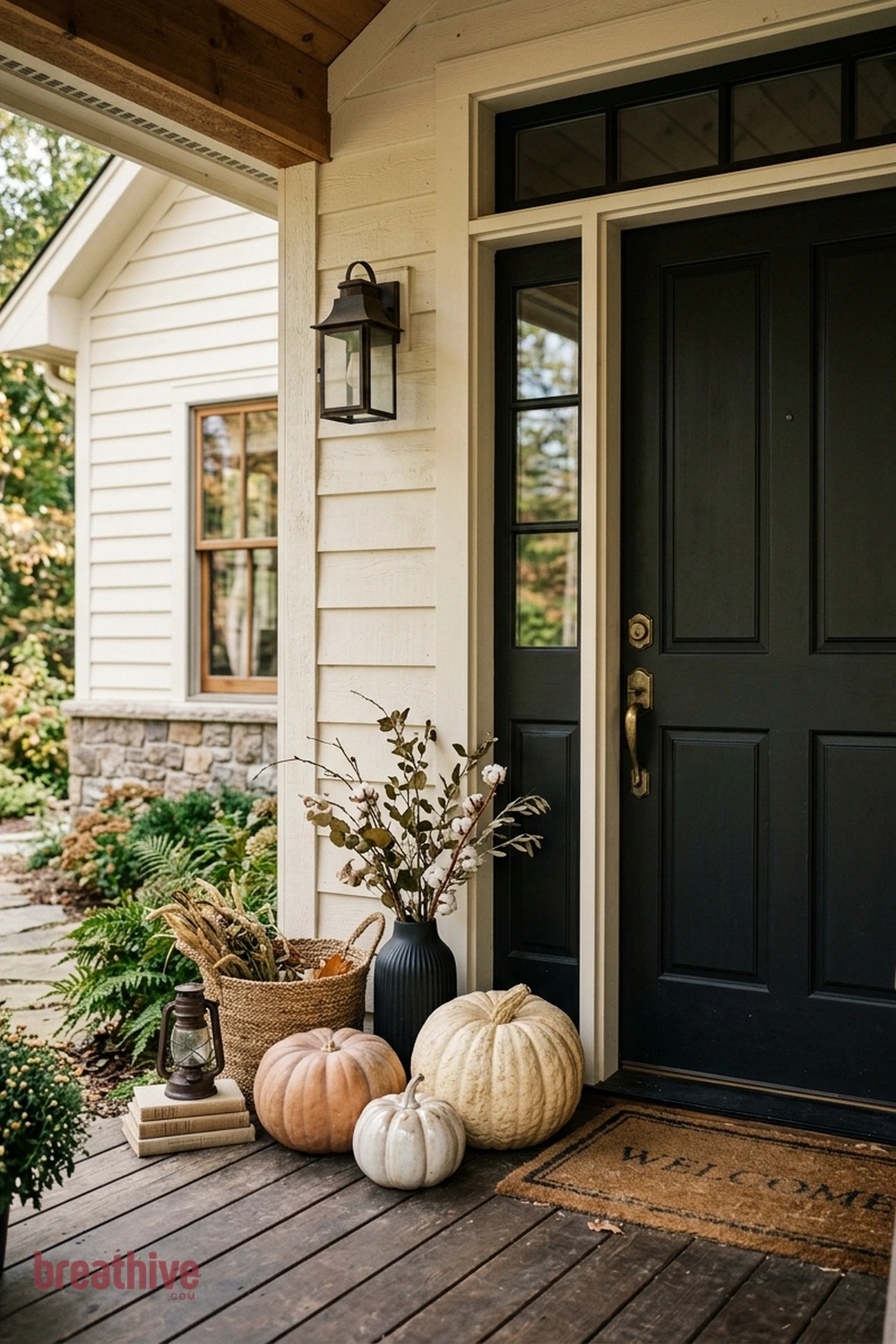 minimalist Halloween front porch idea with one side of the doorway styled with grouped objects in varied height and scale