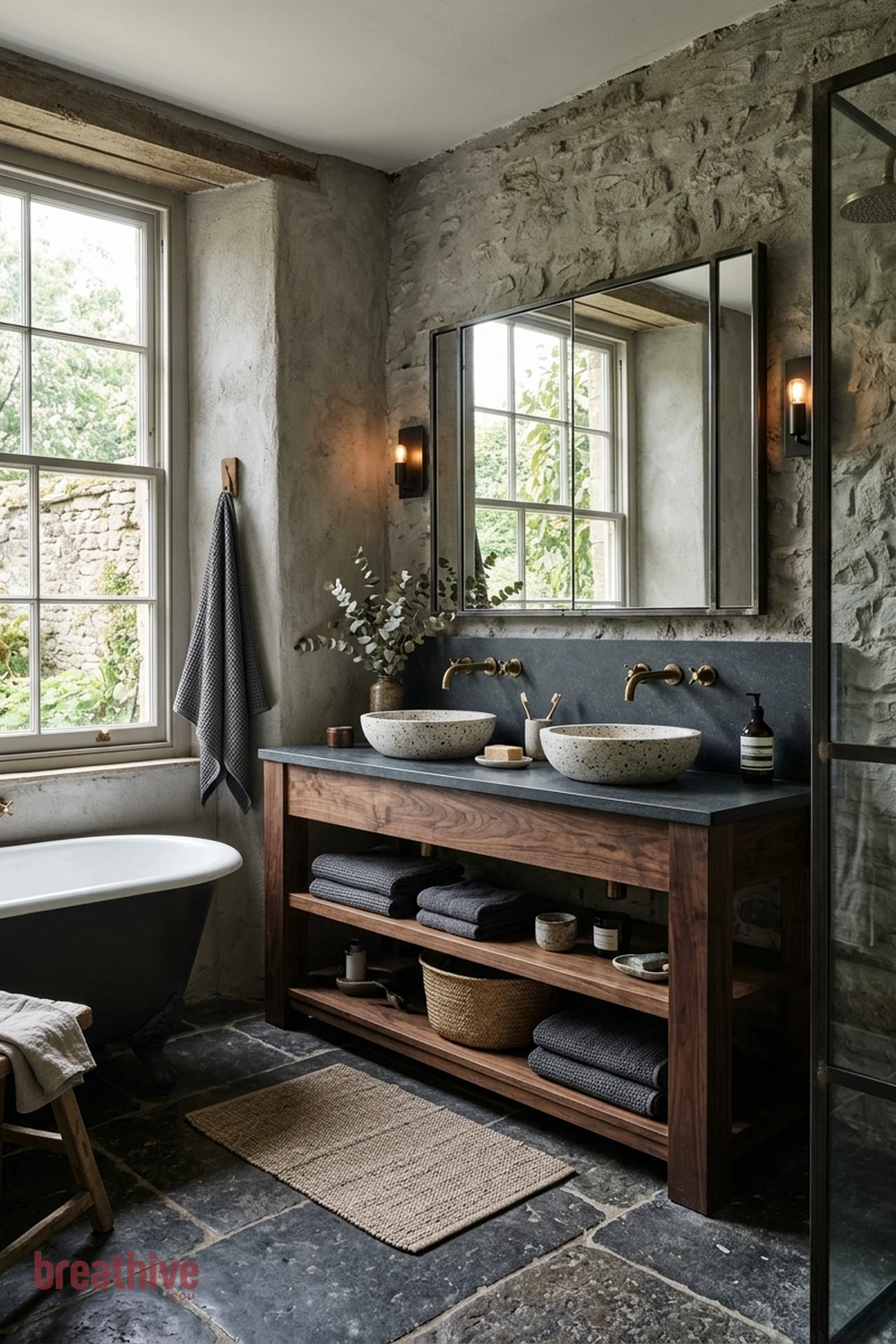 Create Contrast With a Dark Vanity in a rustic bathroom