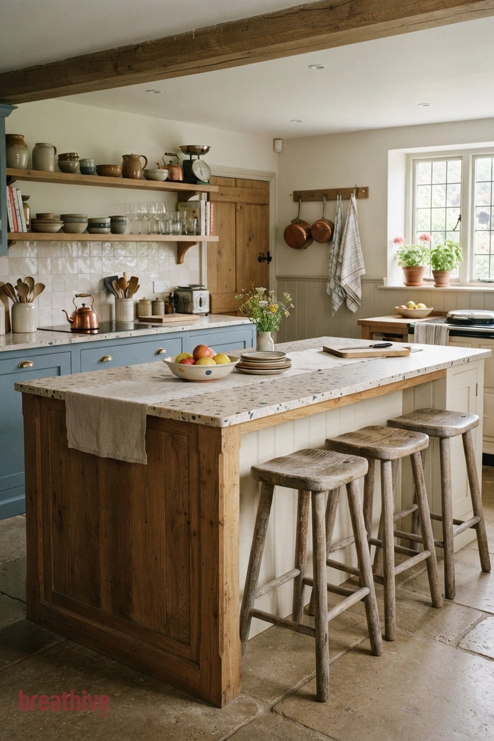 Build Seating Into the Island Carefully in a cottage kitchen