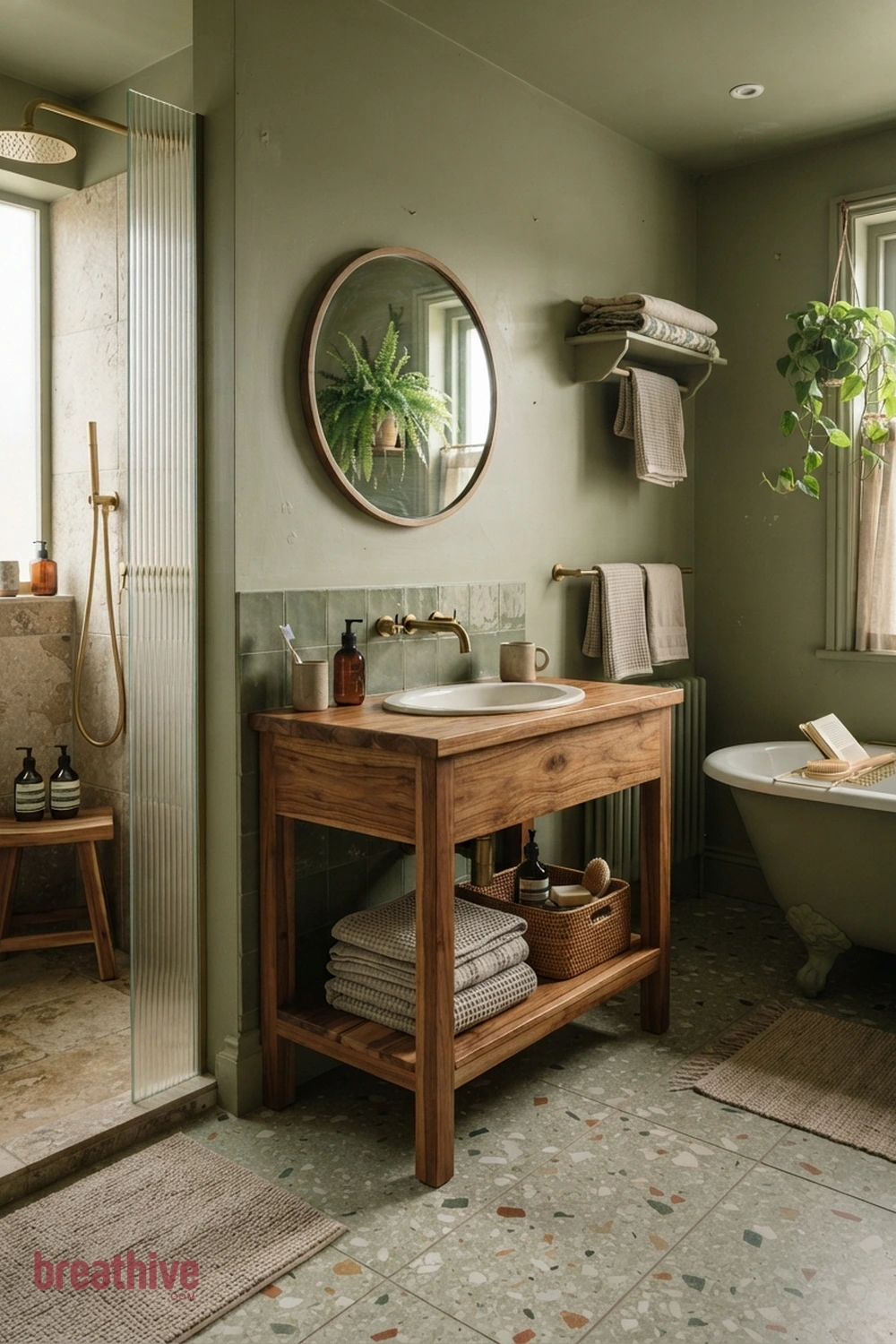 Bring Wood Texture Through Moisture-Suitable Finishes in a green bathroom