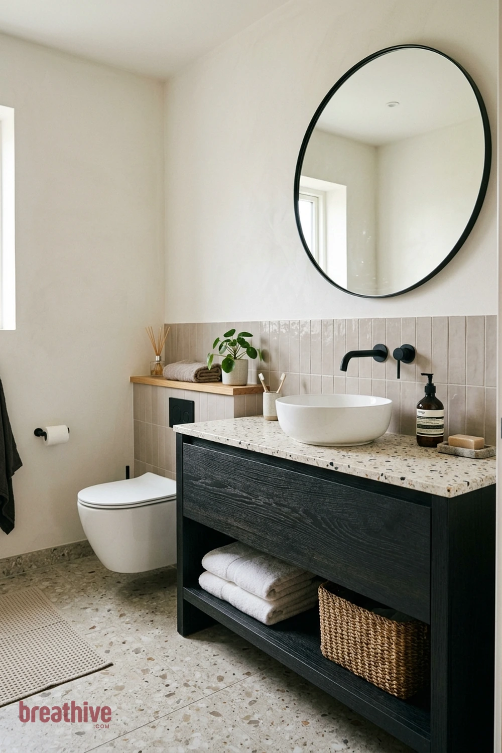 Create Contrast With a Dark Vanity in a thoughtful bathroom