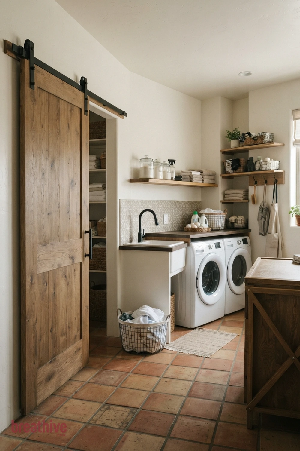 Use a Pocket or Sliding Door in a thoughtful laundry room