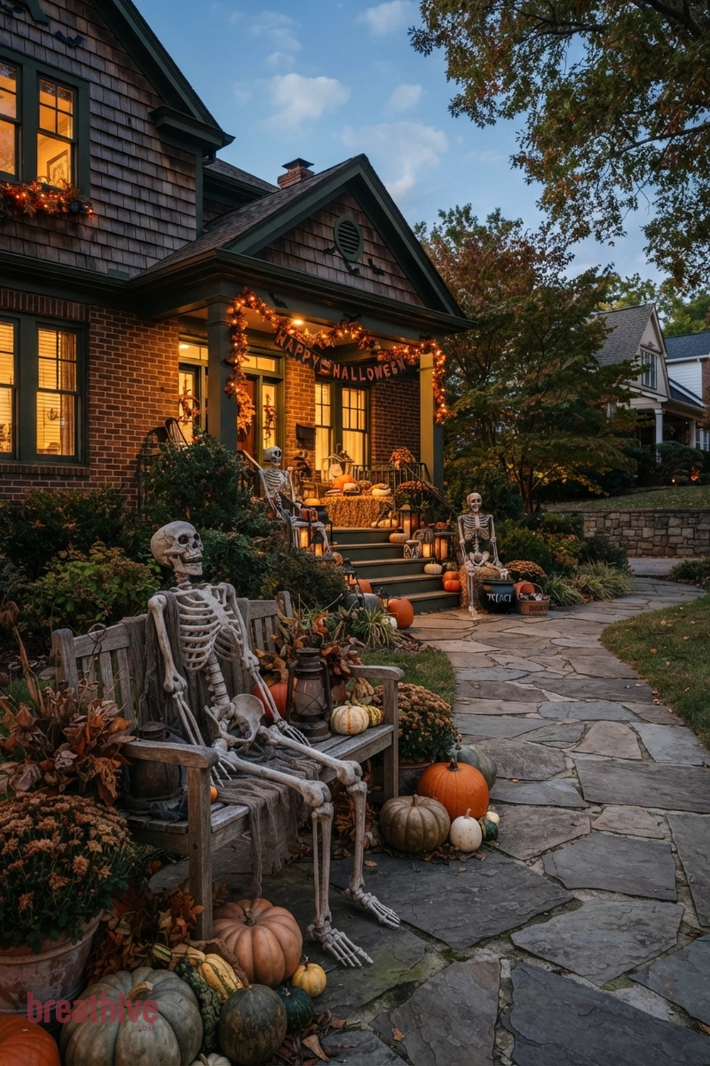 skeleton scene Halloween front yard idea with foreground, middle-ground, and background seasonal elements creating depth without clutter