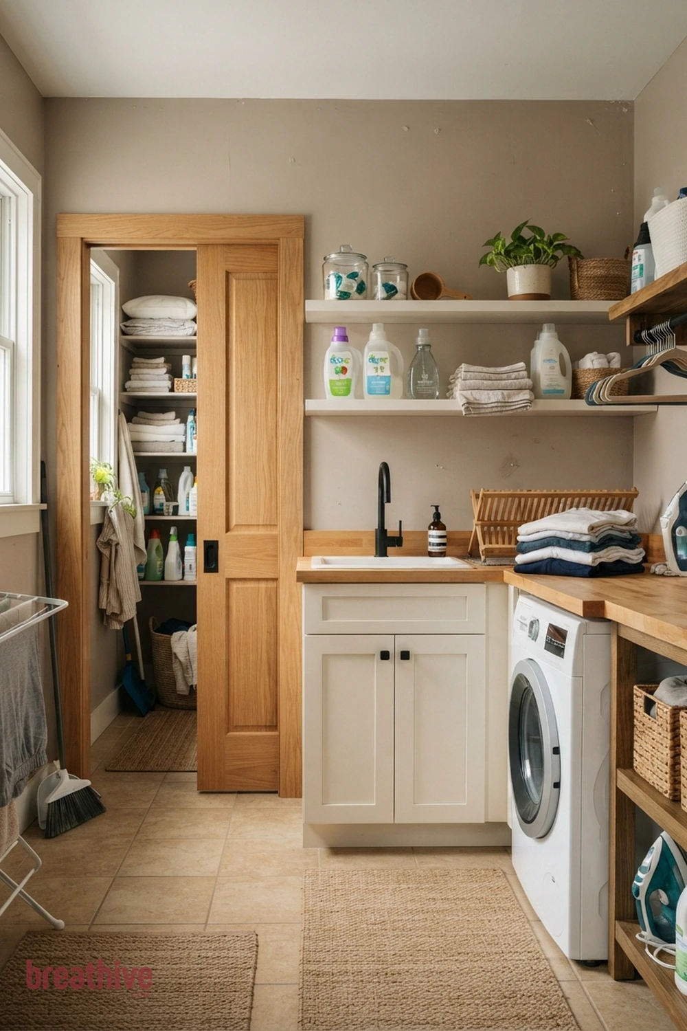 Use a Pocket or Sliding Door in a thoughtful laundry room