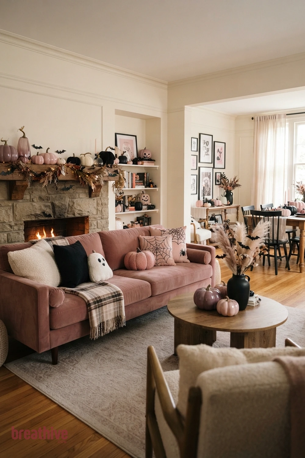 pink playful Halloween living room idea with second room angle revealing circulation, scale, and how seasonal accents repeat through the space