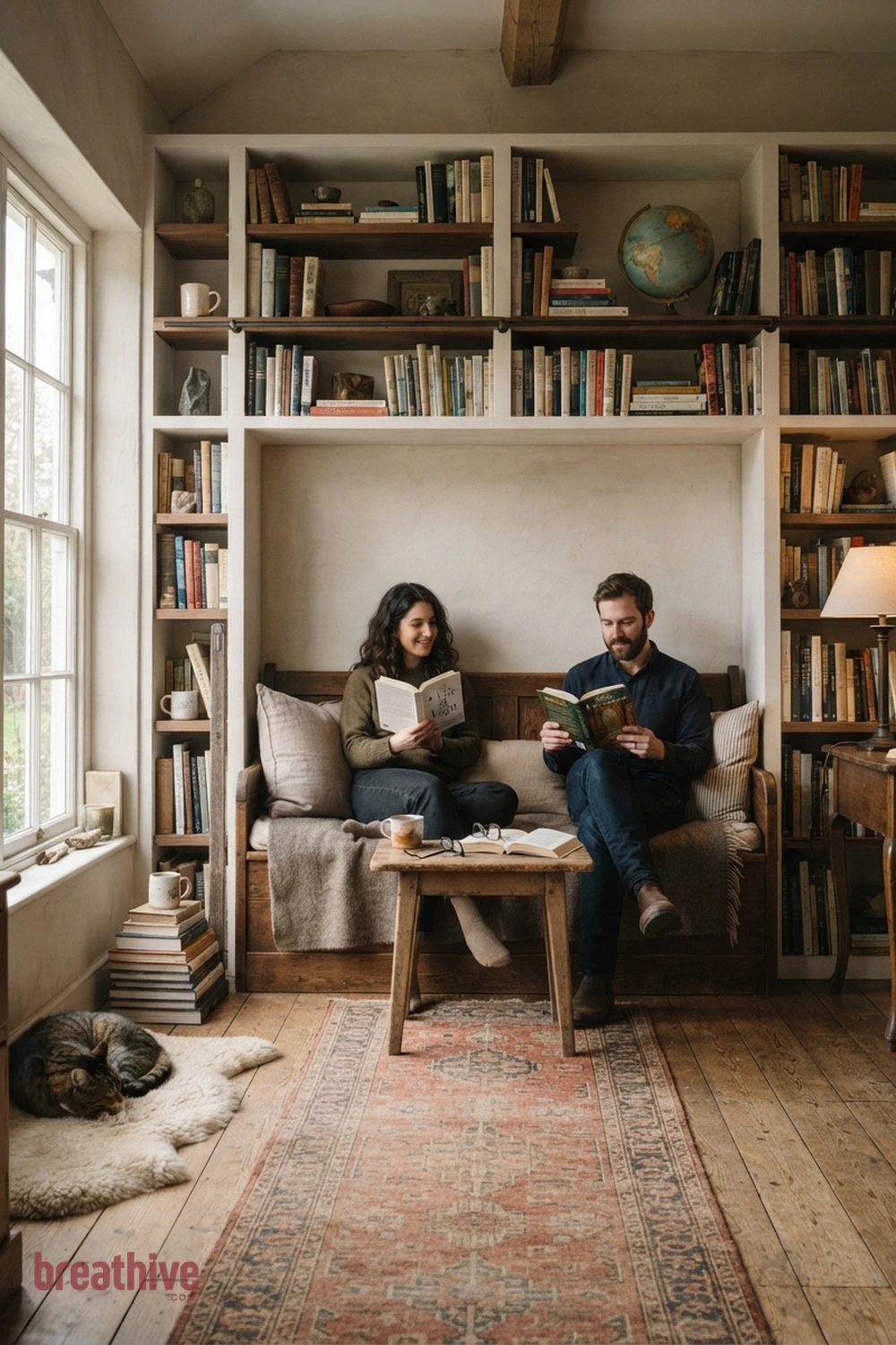 Create a Shared Bench for Two Readers in a thoughtful home library