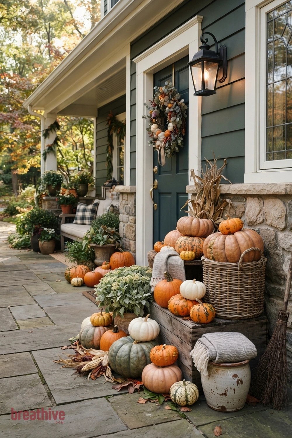 pumpkin layered Halloween front porch idea with one side of the doorway styled with grouped objects in varied height and scale