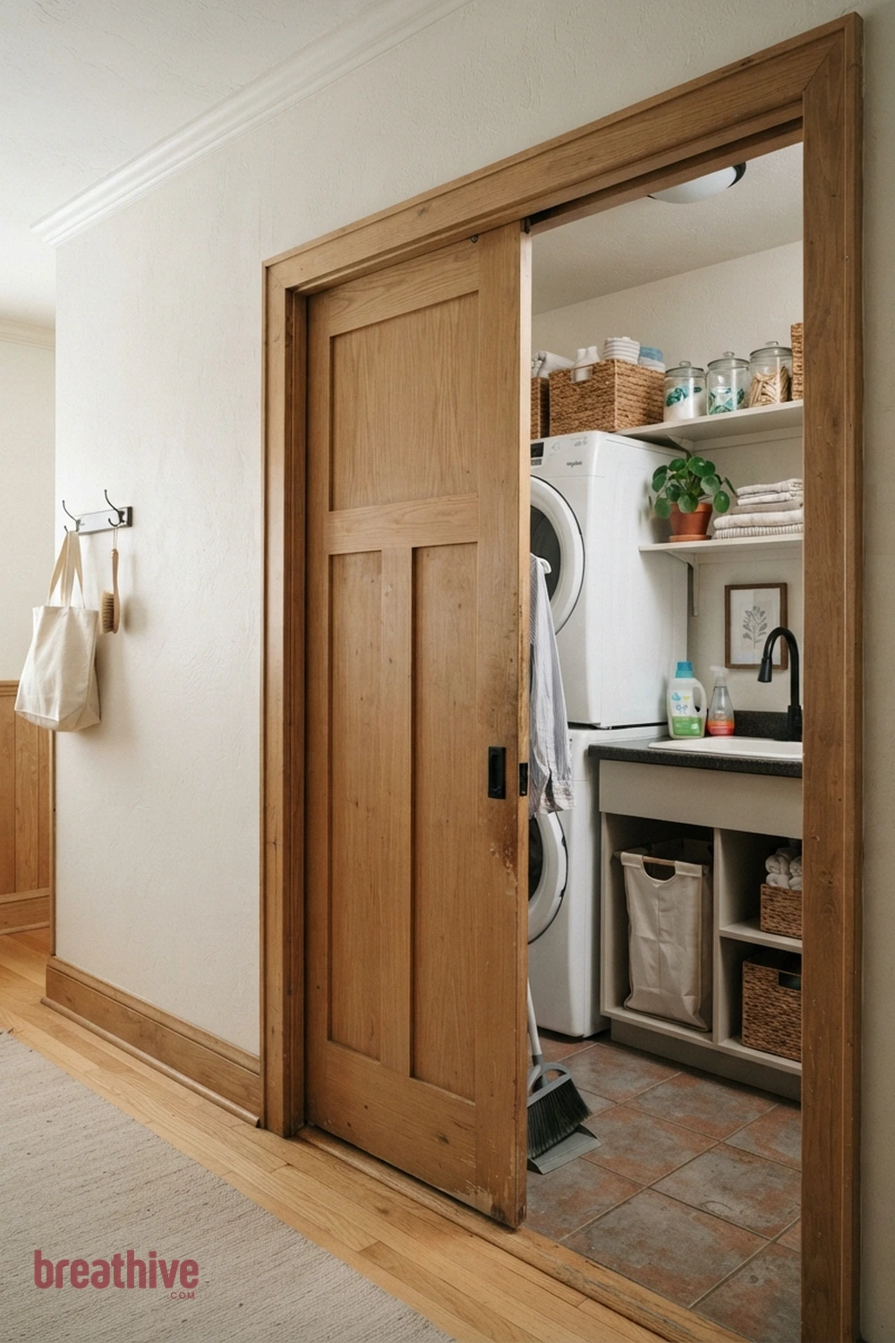 Use a Pocket or Sliding Door in a thoughtful laundry room