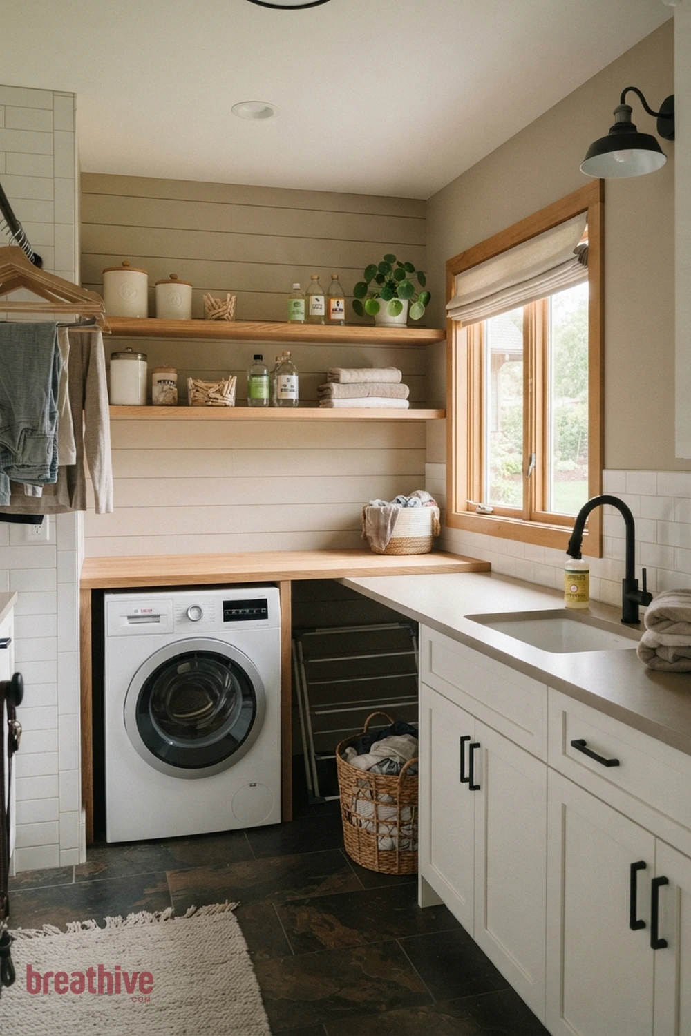 Light Taupe for Low-Maintenance Warmth in a thoughtful laundry room