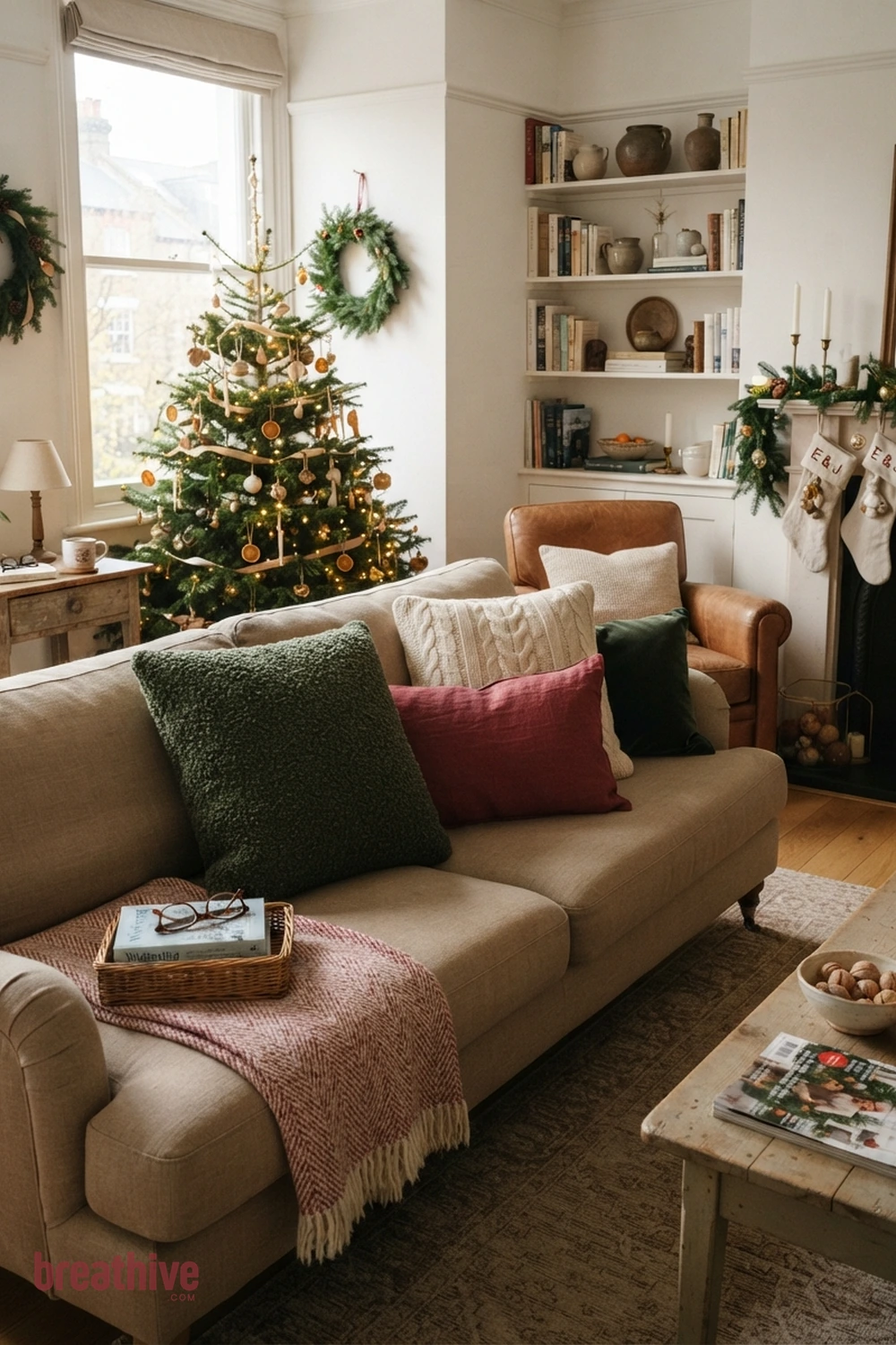 Layer Pillows by Texture Rather Than Pattern Alone in a christmas apartment