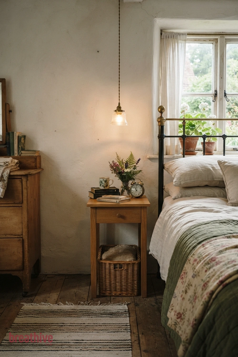Use a Pendant When the Nightstand Is Narrow in a cottagecore bedroom