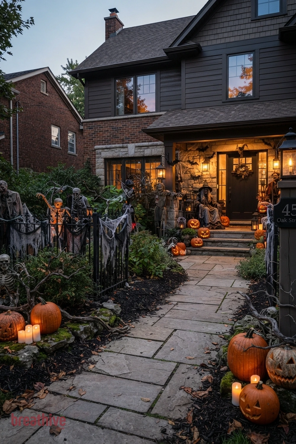 scary theatrical Halloween front yard idea with foreground, middle-ground, and background seasonal elements creating depth without clutter