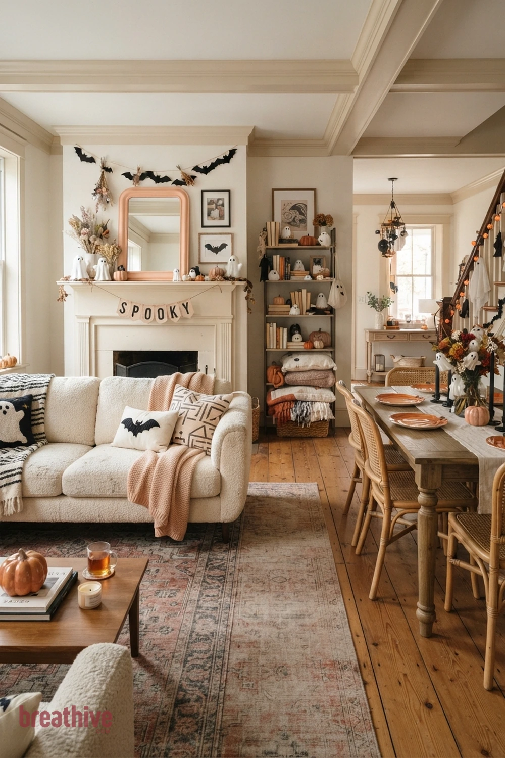 sweet spooky Halloween living room idea with second room angle revealing circulation, scale, and how seasonal accents repeat through the space