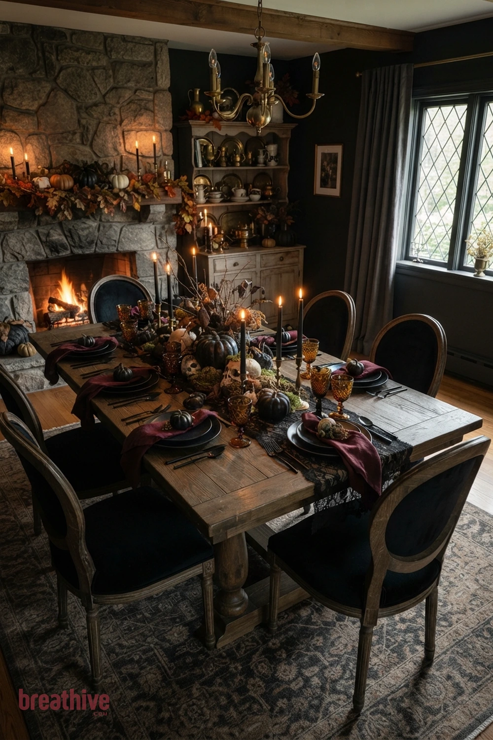 spooky tablescape Halloween dining room idea with second angle revealing circulation, seating clearance, and how decorative color repeats