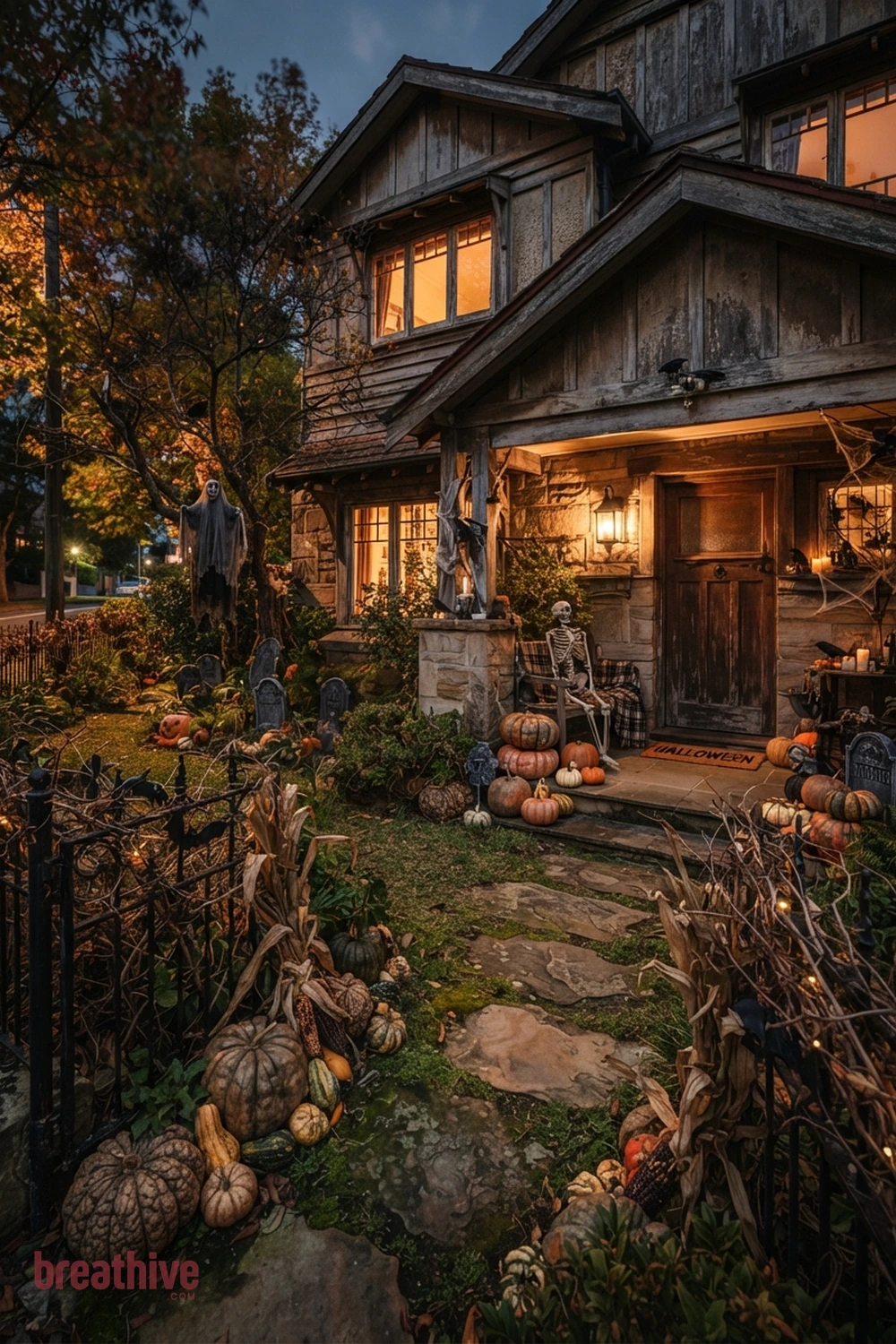 spooky aesthetic Halloween front yard idea with foreground, middle-ground, and background seasonal elements creating depth without clutter
