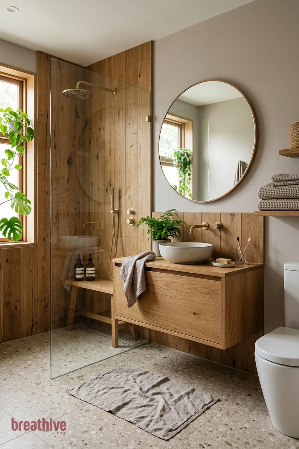 Bring Wood Texture Through Moisture-Suitable Finishes in a thoughtful bathroom