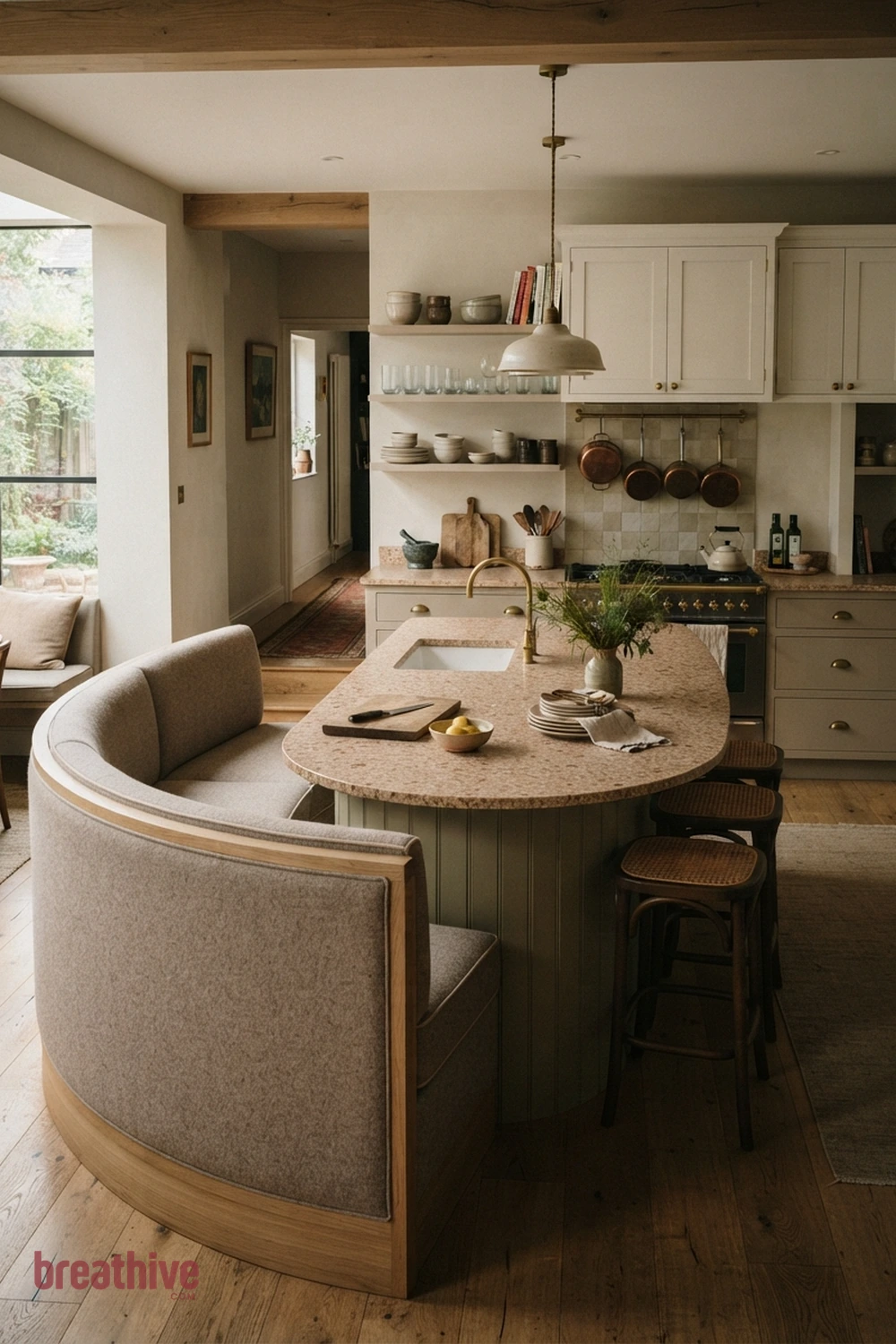 Curved Banquette Wrapped Around the Island in a thoughtful kitchen