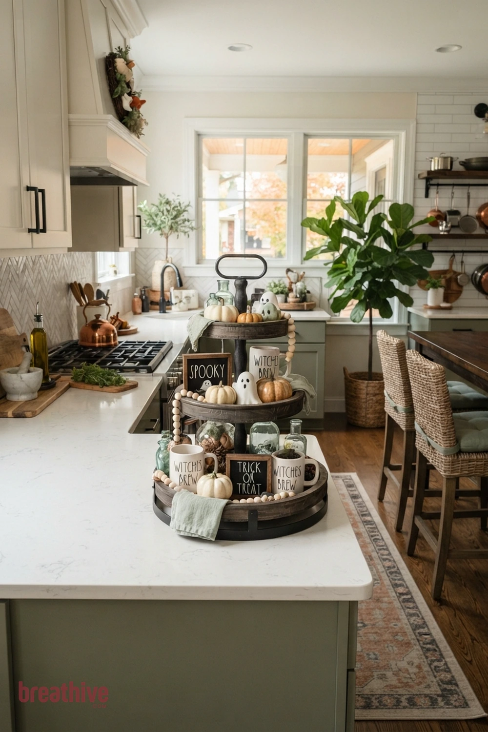 tiered tray Halloween kitchen counter idea with second angle revealing circulation, seating clearance, and how decorative color repeats