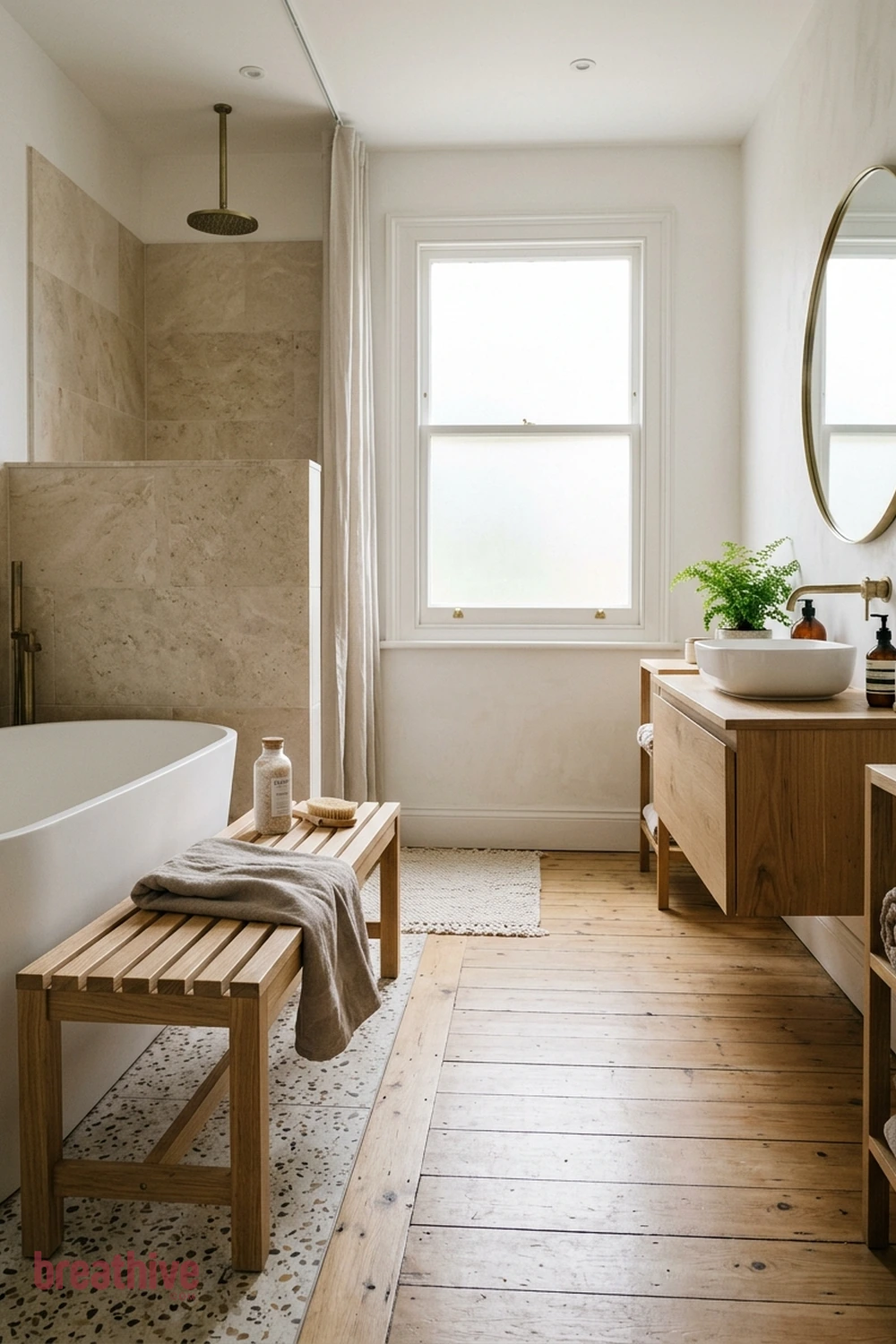 Create a Dry Zone Beside the Bath in a thoughtful bathroom