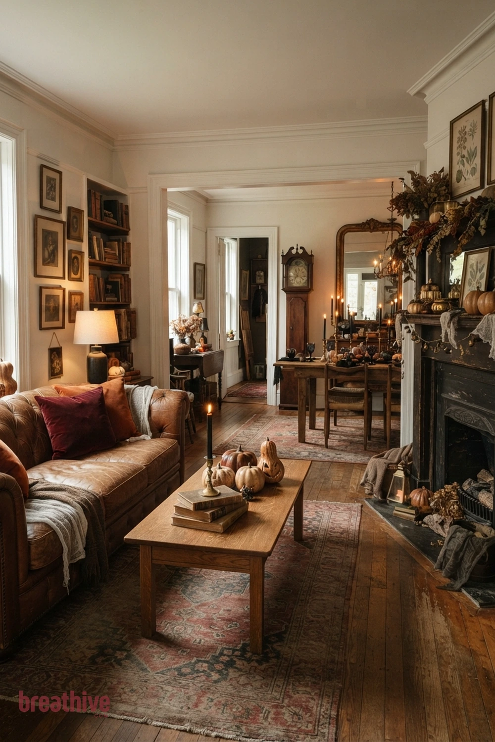 vintage Halloween living room idea with second room angle revealing circulation, scale, and how seasonal accents repeat through the space