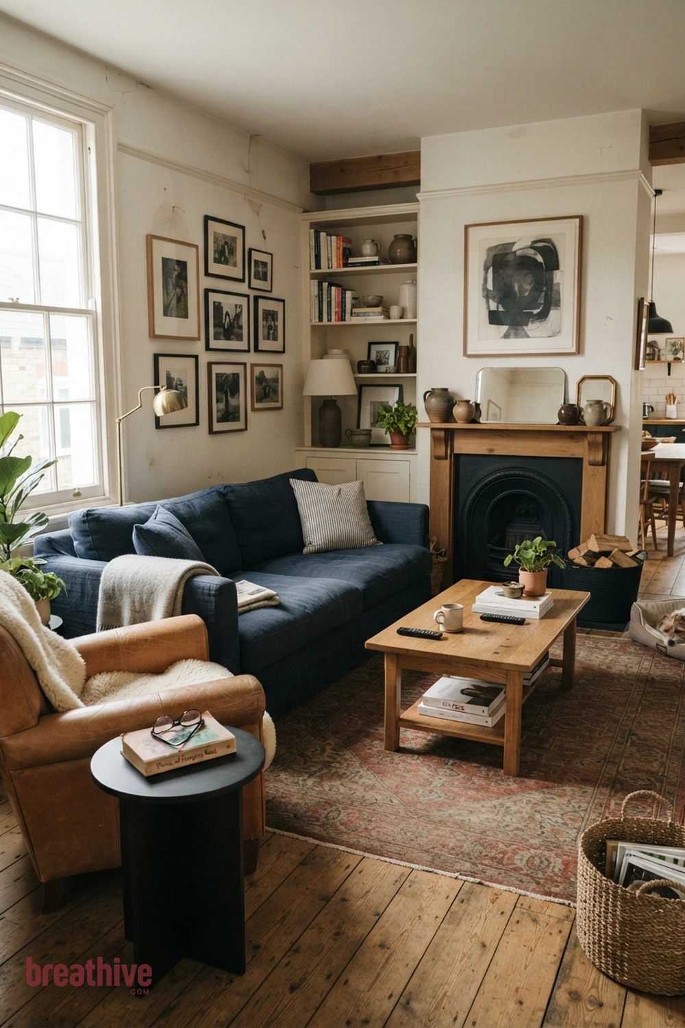 Deep Blue, Tan, and Matte Black in a thoughtful living room