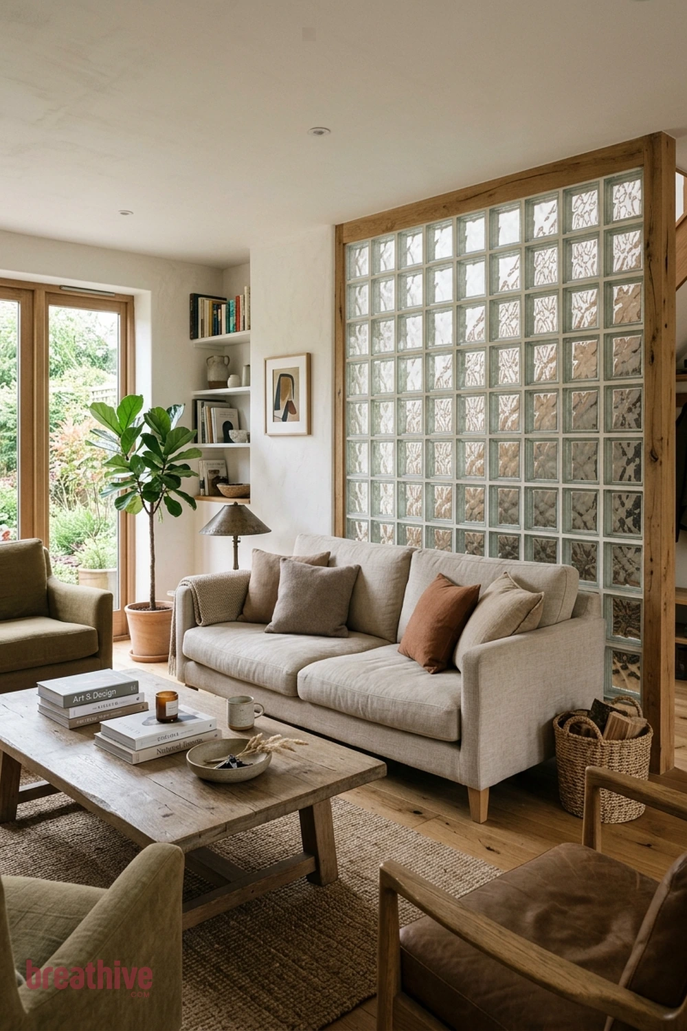 Glass Block Feature Wall in a thoughtful living room