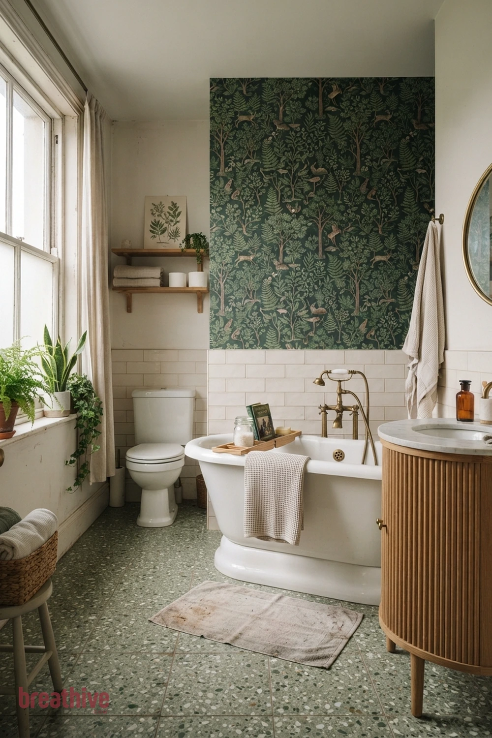 Deep Green Woodland Print in a thoughtful bathroom