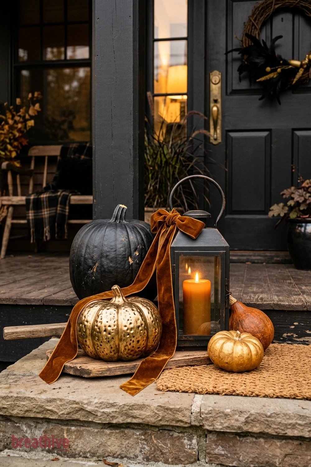 black and gold Halloween front porch idea with close view of one practical styling cluster showing spacing, color repetition, and tactile details