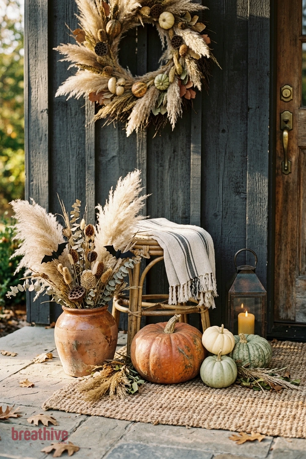 boho Halloween front porch idea with close view of one practical styling cluster showing spacing, color repetition, and tactile details