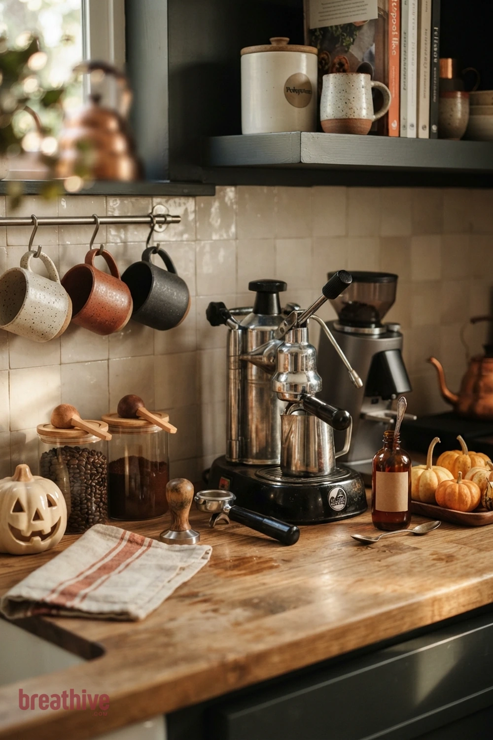 cozy coffee bar Halloween kitchen coffee station idea with tight vignette showing scale, repetition, and how a small seasonal accent coordinates with functional items