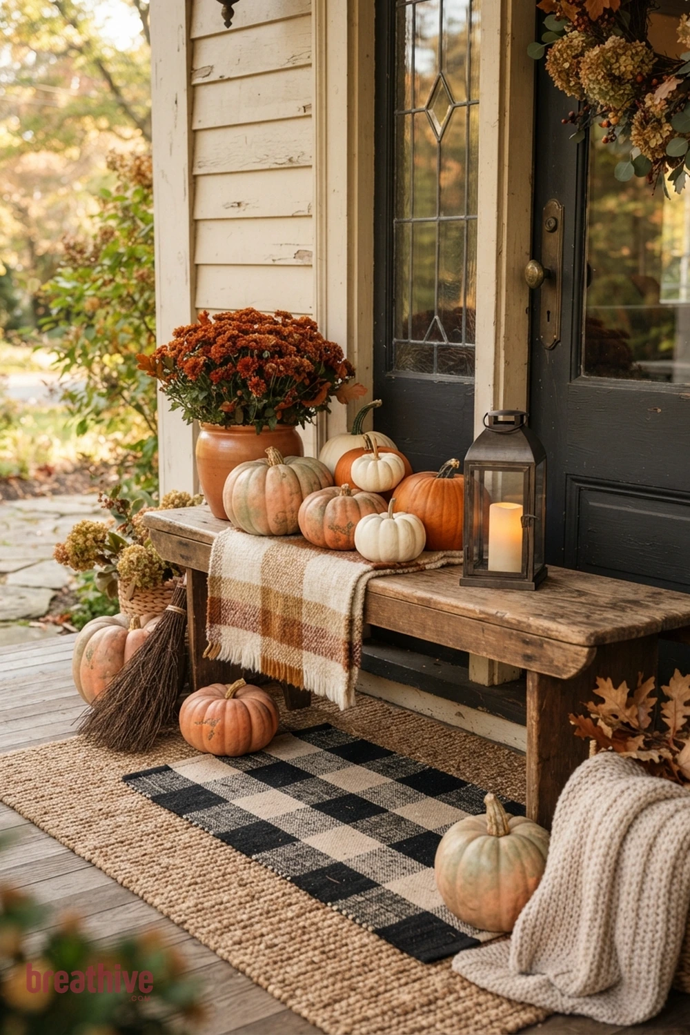 cozy Halloween front entry idea with close view of one practical styling cluster showing spacing, color repetition, and tactile details