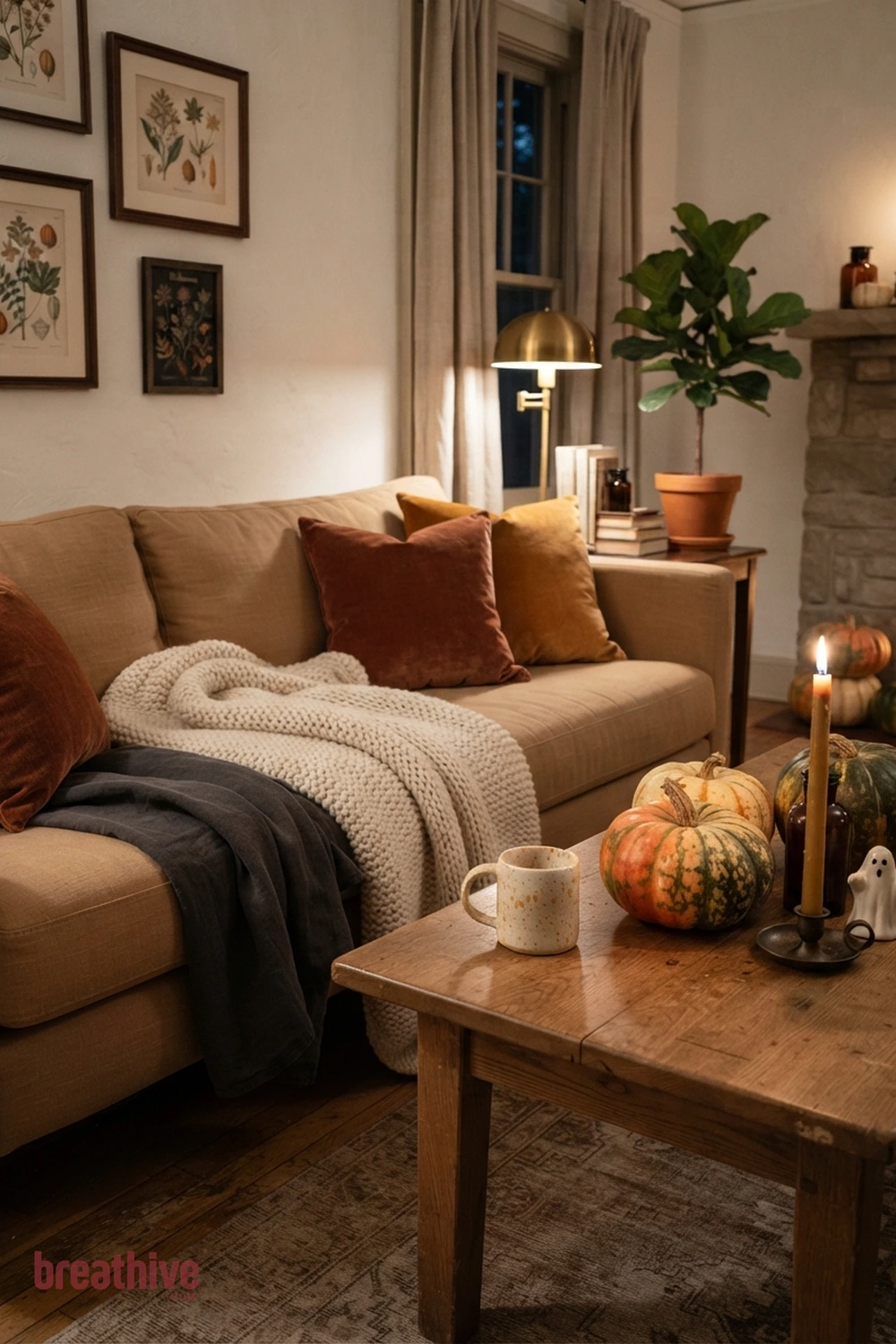 cozy Halloween living room idea with focused vignette that demonstrates color repetition and controlled decorative density